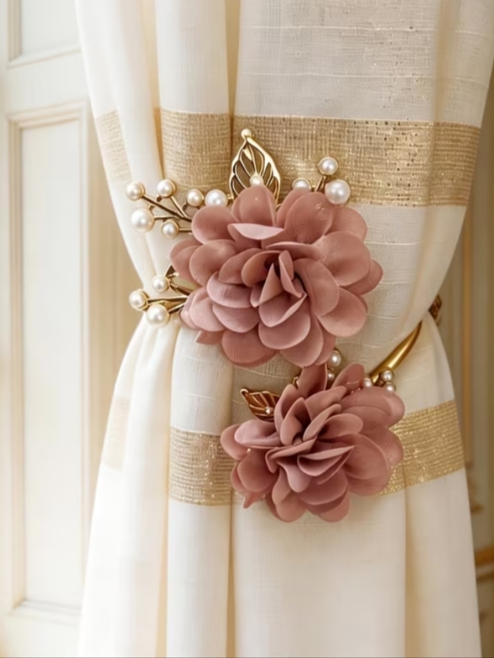 Elegant Pink Floral Curtain Tieback with Gold Accents